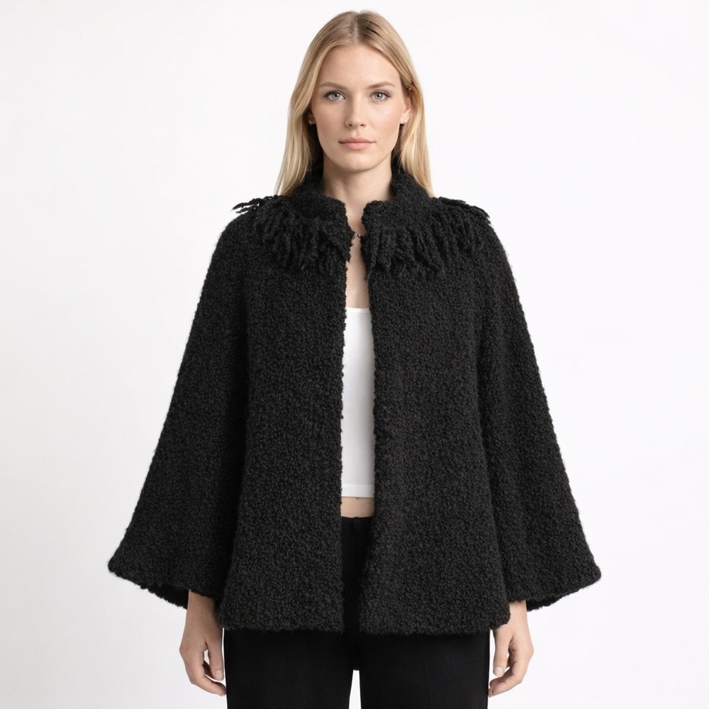 Peruvian Connection Black Bouclé Cape Jacket Fringe Alpaca Wool Small High/Low